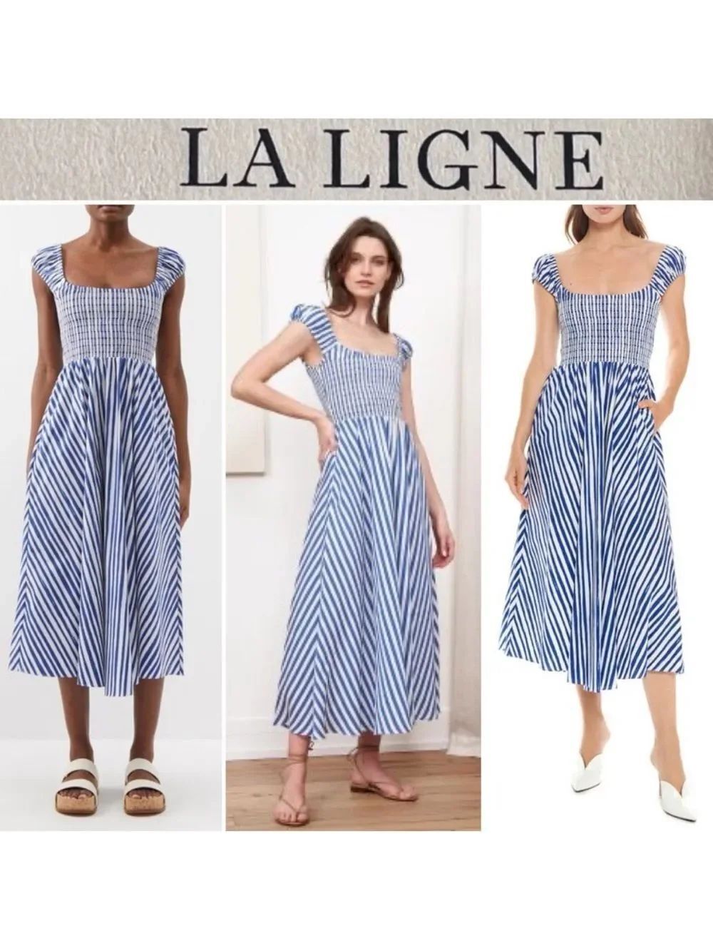 LA LIGNE- Vivian Stripe Smocked Bodice Cotton A-Line Dress Sz XS 395$